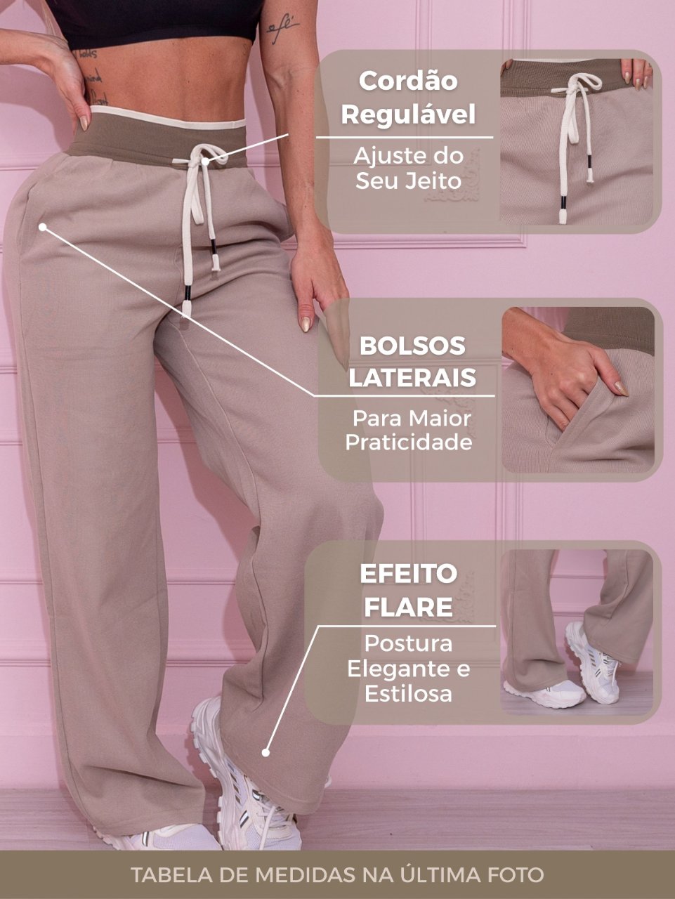 Calça Moletom Wide Leg Flare com Cordão Ajustável