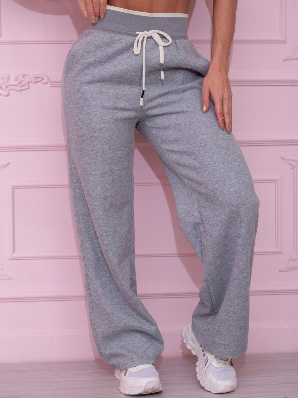 Calça Moletom Wide Leg Cinza com Cordão Ajustável
